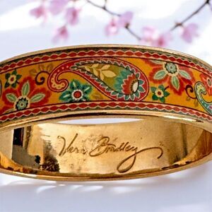 VERA BRADLEY Paisley Yellow Floral Print Hinged Gold Tone Bangle Bracelet